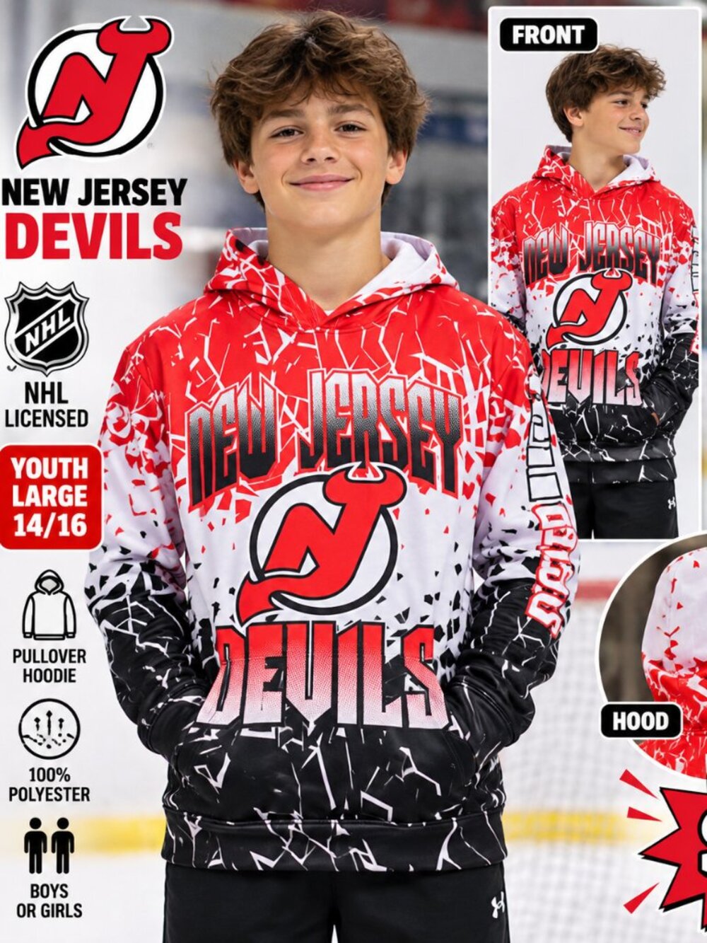 New Jersey Devils NHL Youth Large 14/16 Graphic Pullover Hoodie Red Black
